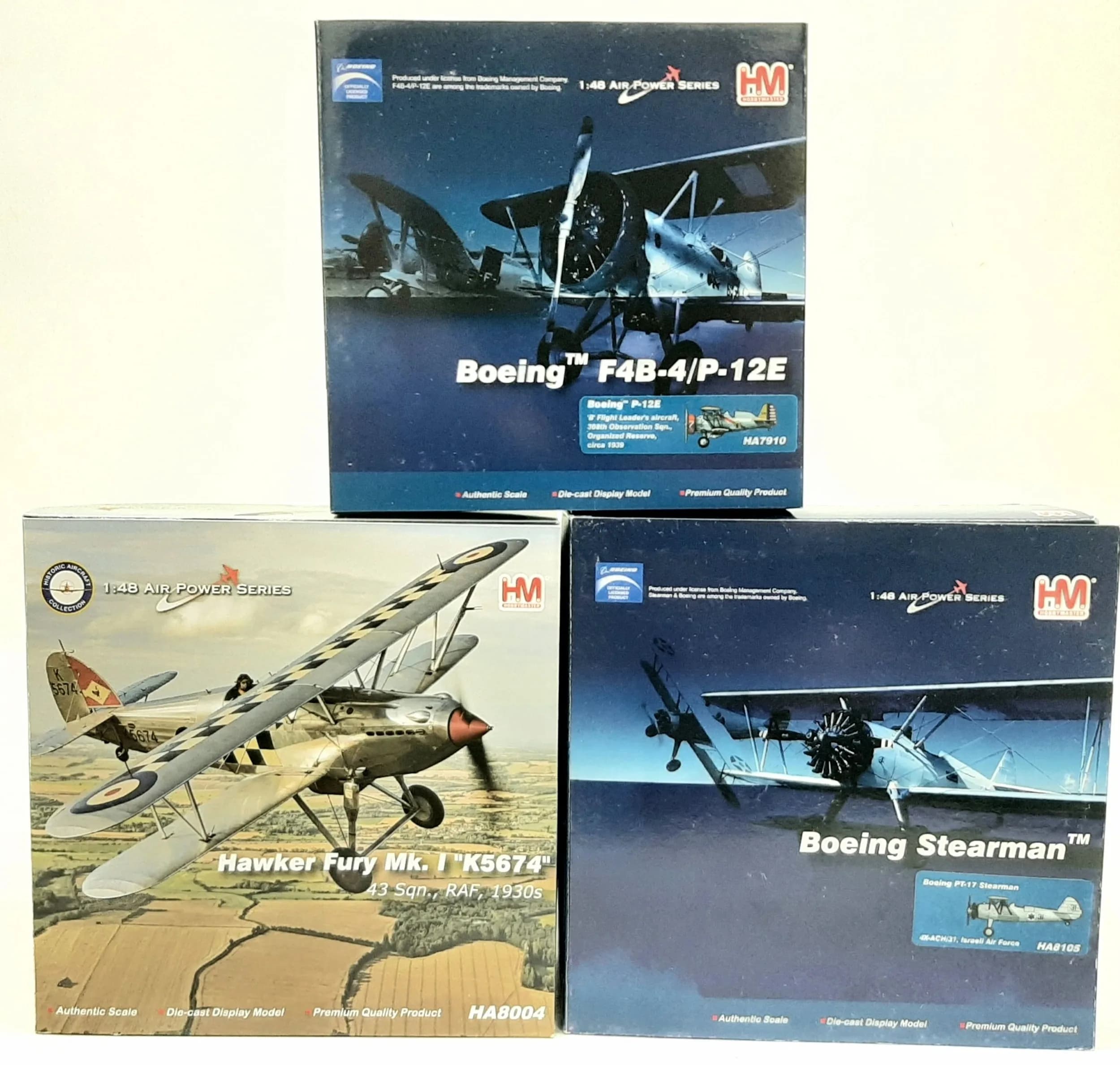 Three Hobby Master, air power series, 1/48 scale die cast model aeroplanes. To include a Boeing F4B-4/P-12E, a Boeing Stearman and a Hawker Fury MK. I "K5674". In very good condition, these have never been out there boxes on display.