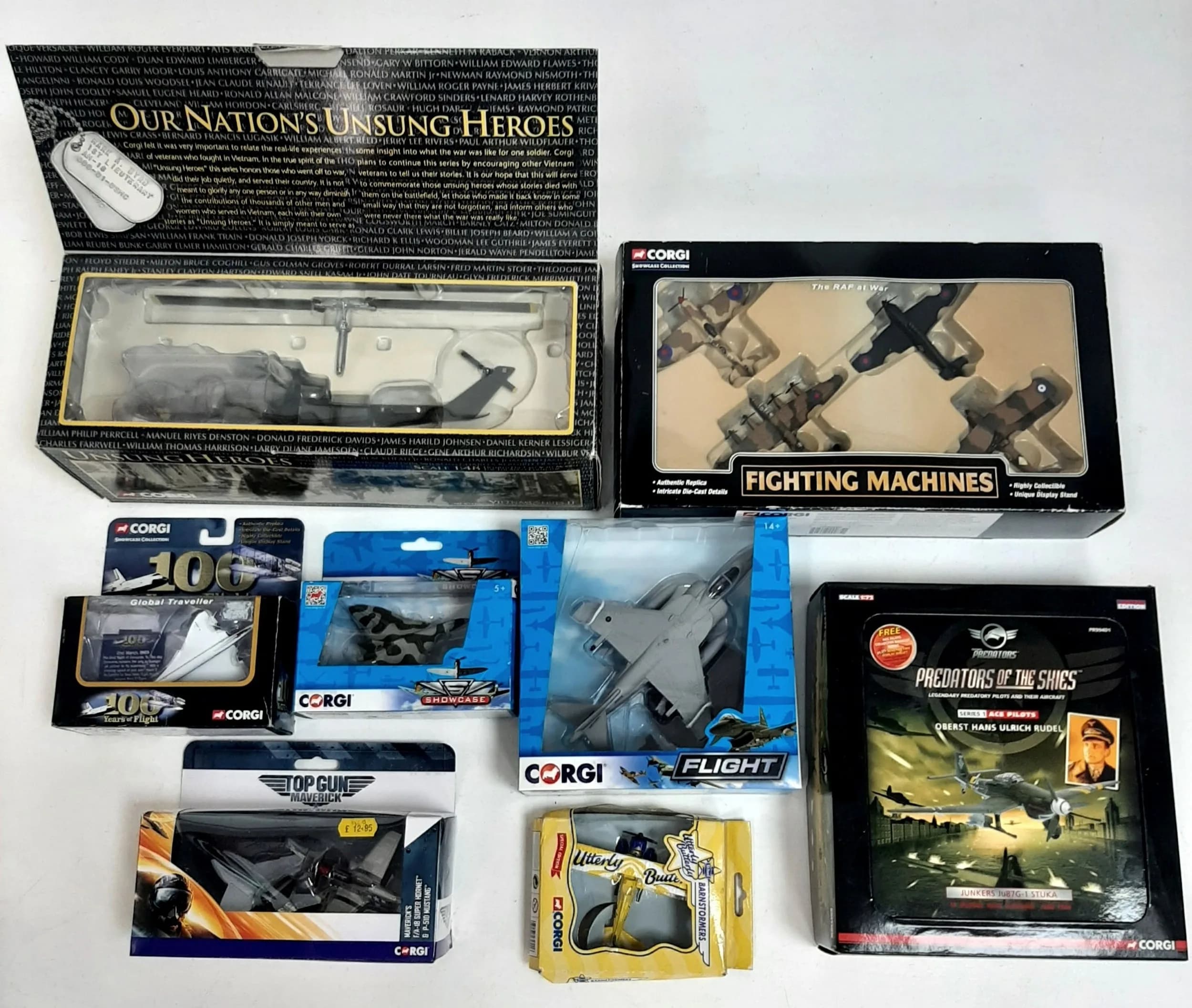 Eight Corgi die cast aeroplanes. Various scales. These have never been out of box on display. Good condition, some wear to boxes from storage.