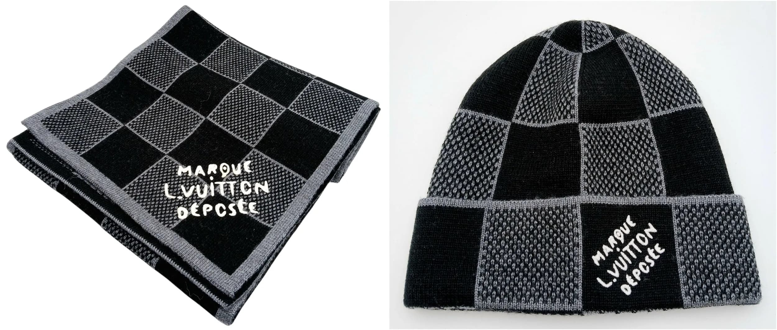 A Louis Vuitton Scarf and Beanie Set. Grey and black check knit comprising a matching scarf and beanie, each featuring the embroidered "Marque Louis Vuitton Déposée" logo. Scarf approx. 95cm length x 30cm width. Beanie approx. 48cm circumference x 44cm height. Comes with original box. Some signs of wears. Please see photos or request a condition report. Ref: 29449.