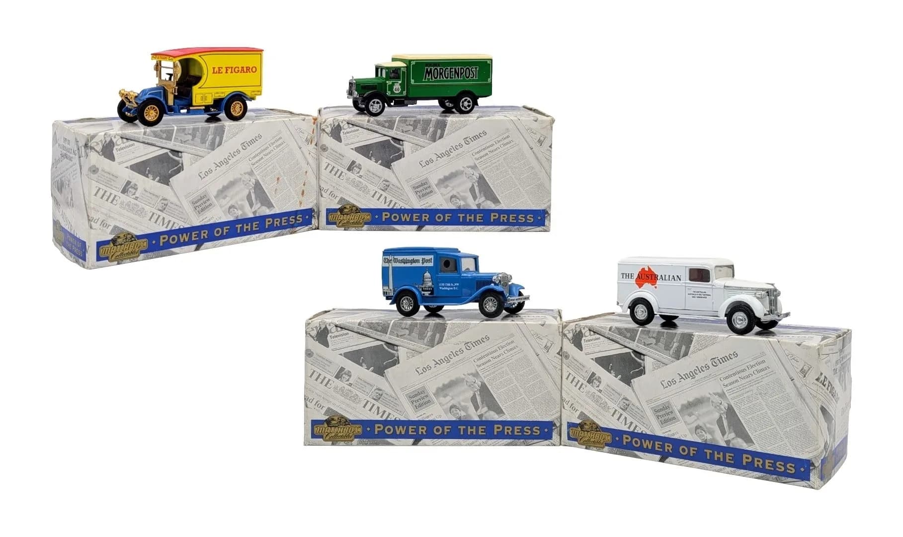 Four Matchbox models of yesteryear, power of the press collection. Good condition. Slight wear to outer boxes from storage.
