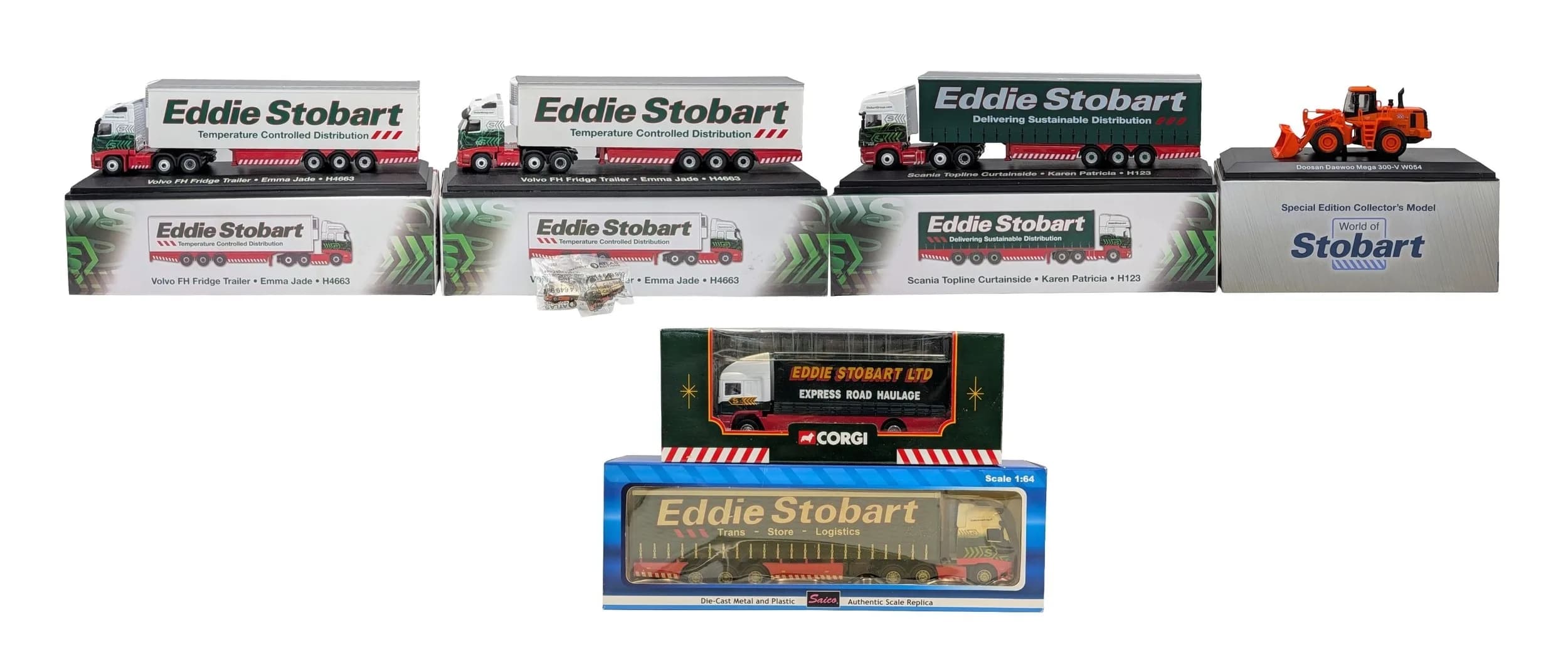 Six die cast Eddie Stobart models. 1/76 scale. All in their boxes. Good conditon.