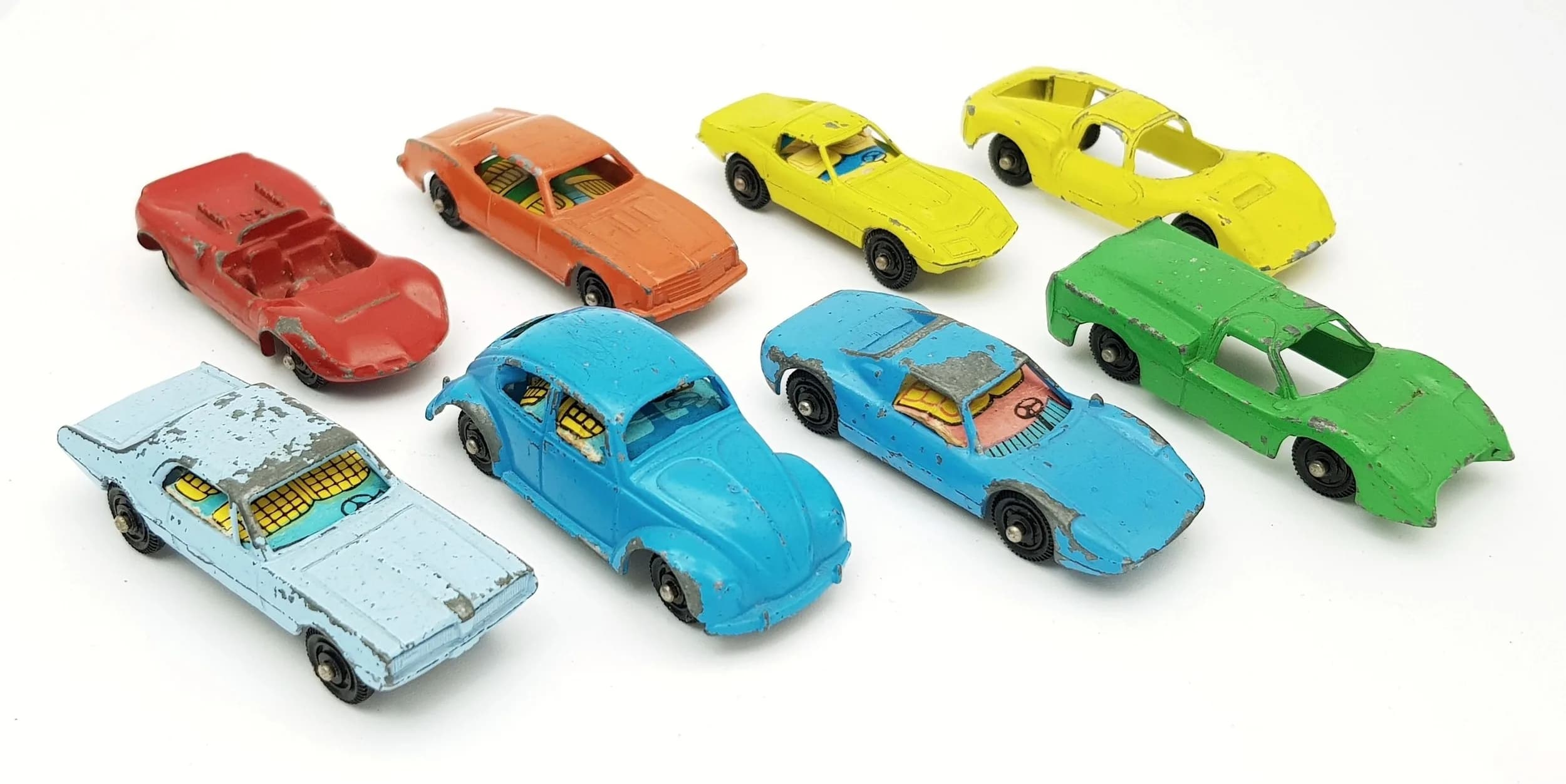 A collection 8 of vintage Tootsietoy die cast cars by the Louis Marx company. Including the hard to find Marx Chaparral. Five still have their card interiors. Nice condition.