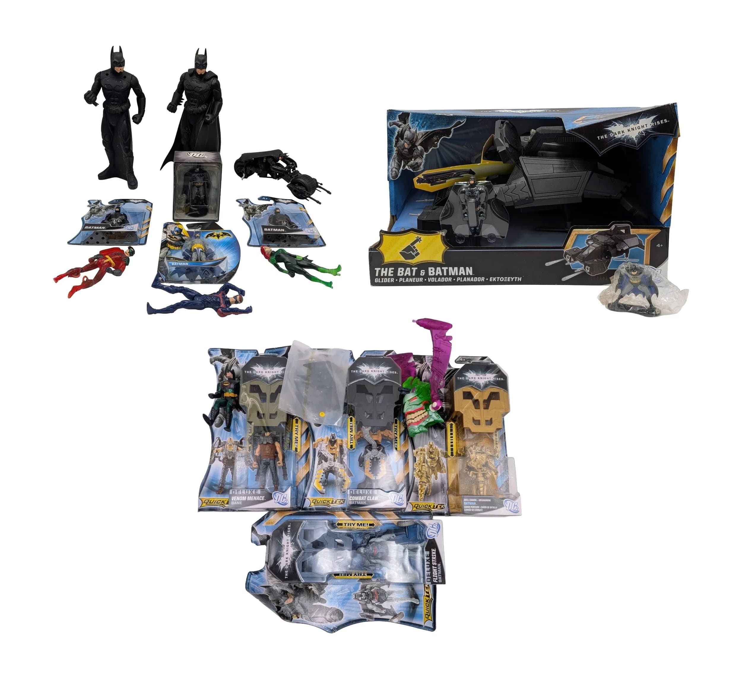 A collection of Batman toys. To include figures and vehicles.