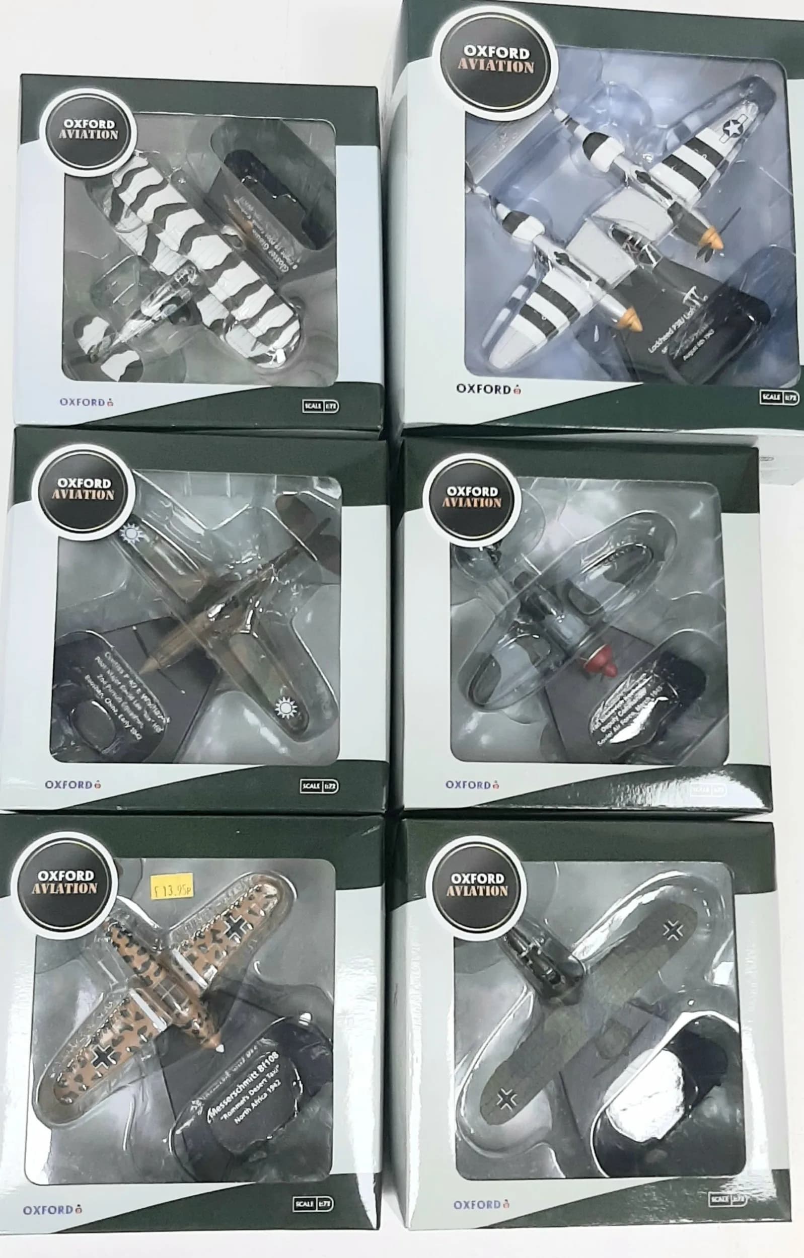 Six Oxford 1\72 scale die cast model aeroplanes. To include a Lockhead Lightning, a Gloster Gladiator MK11, a Curtiss P 40 E Warhawk, a Messerschmitt BF108, a Henschel Hs 123A-1 and a Lavochkin La-7. In good condition. These have never been on display.