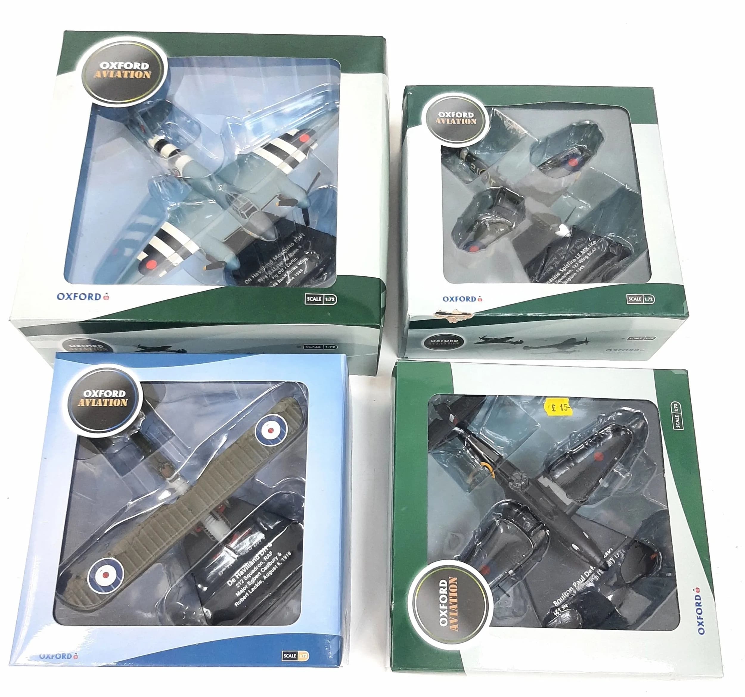 Four Oxford 1/72 die cast model aeroplanes. To include a De Havilland Mosquito FBV1, a Boulton Paul Defiant MK1, a Supermarine Spitfire LF MK 1XE and a De Havilland DH 4. In good condition, these have never been on display.