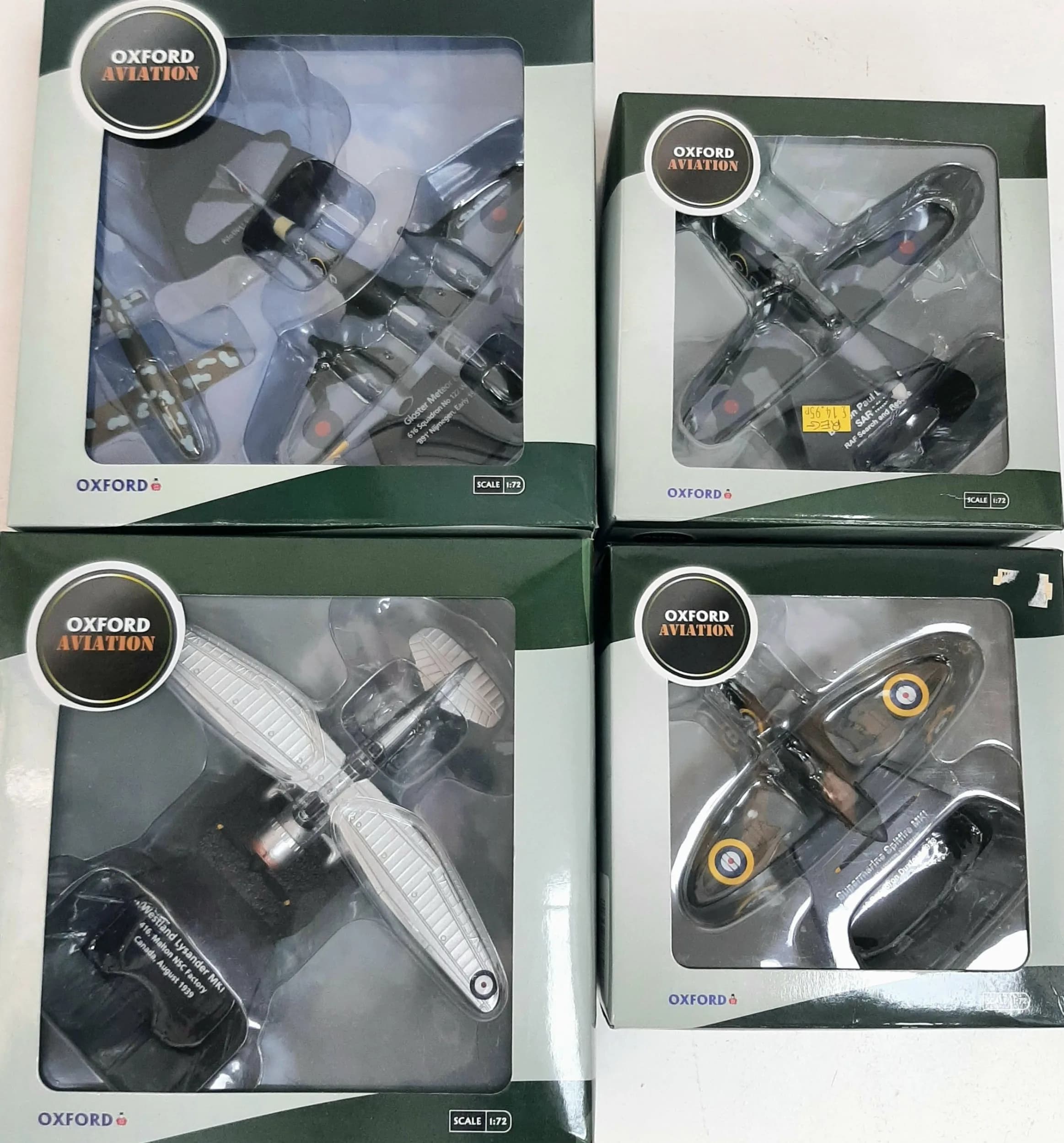 Four Oxford 1/72 scale die cast model aeroplanes. To include a Gloster Meteor F3, a Westland Lysander MK1, a Supermarine Spitfire MK1 and a Boulton Paul Defiant. In good condition, these have never been on display.