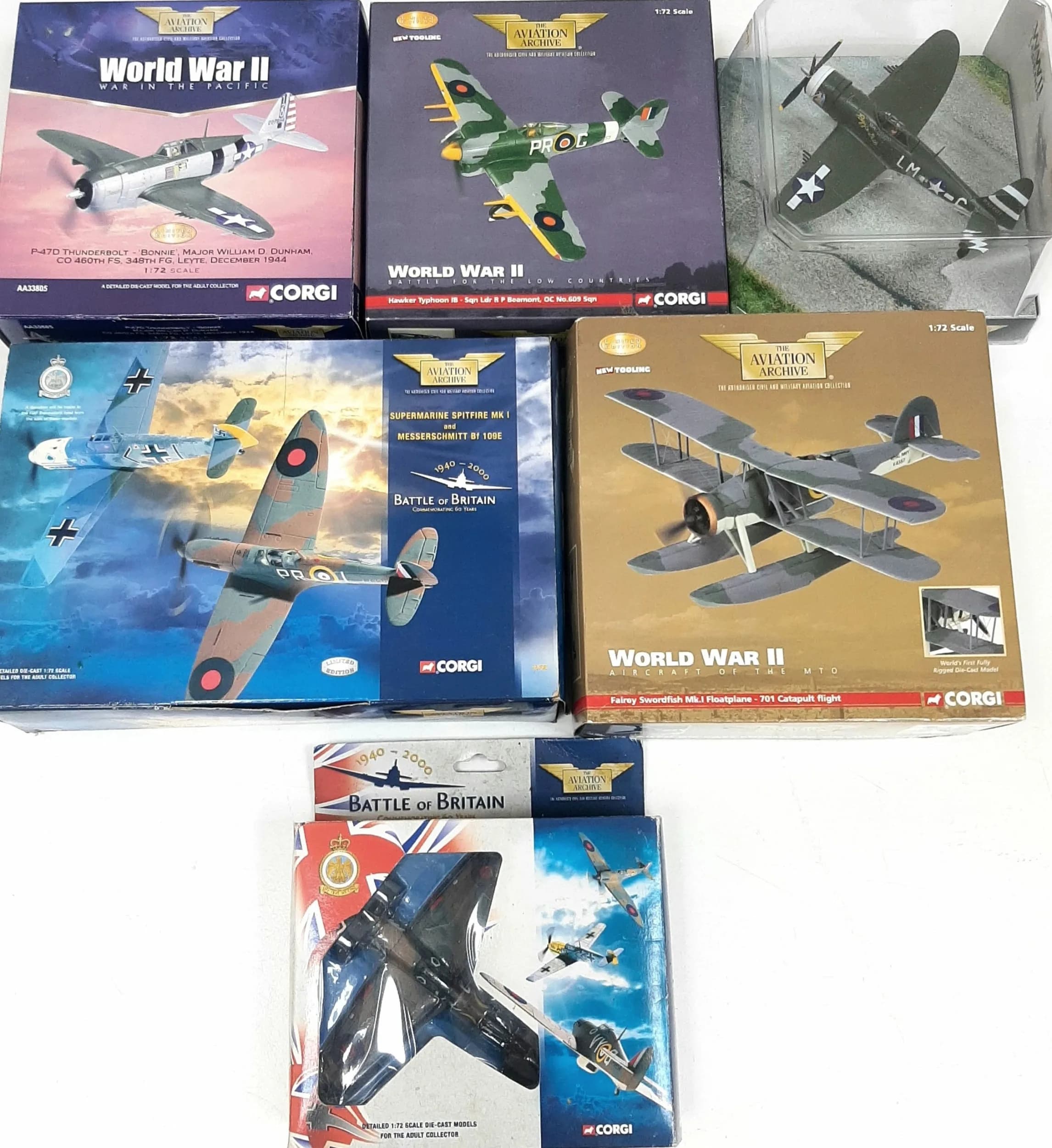 Six Corgi Aviation Archive, WWII die cast model aeroplanes. 1/72 scale. These have never been out of their boxes on display. Good condition although the boxes show some wear from storage.