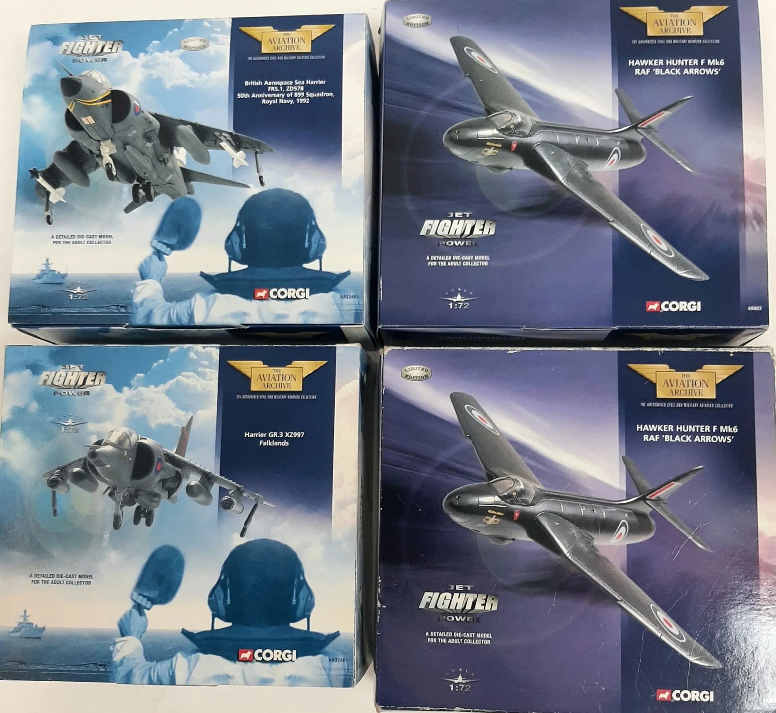 Four Corgi Aviation Archive, Jet Fighter Power series, die cast aeroplanes. 1/72 scale. These have never been out of their boxes on display. Good condition although the boxes show some wear from storage.