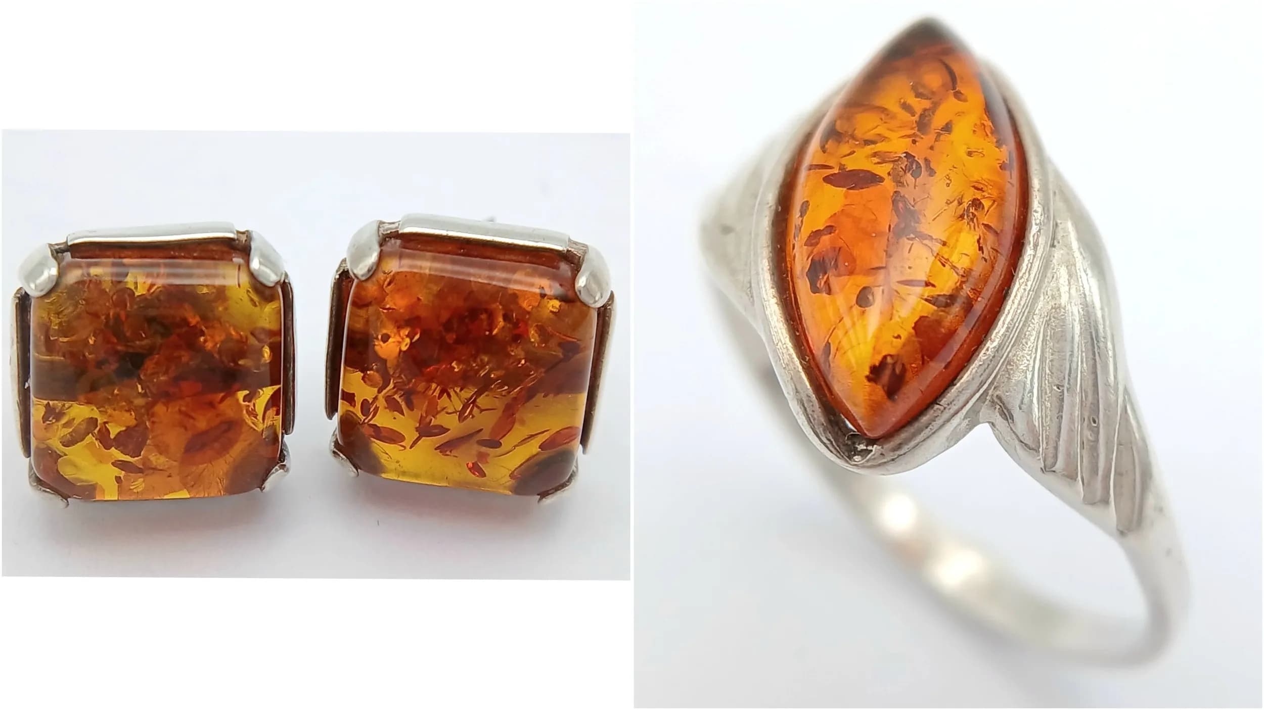 Vintage Mid-Century Silver and Amber Jewellery. Comprising 1) A Marquise Cut Cognac Amber Ring Size O. The Ring is set with a 1.4cm Length Marquise Cut Amber and has a gross weight of 1.85 grams and 2) A Pair of Cushion Cut Cognac Amber Stud Earrings 1cm Square.