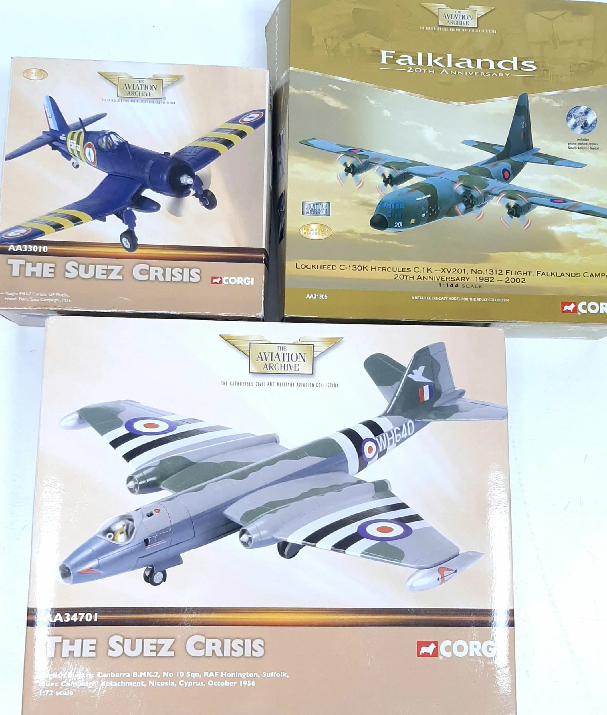 Three Corgi Aviation Archive die cast aeroplanes representing historical military campaigns. 1/72 scale. To include two from the Suez crisis(Electric Canberre B.MK2, Corsair F4U-7) & the Falklands(Lockheed C-130K) These have never been out of their boxes on display. Good condition although the boxes show slight wear from storage.