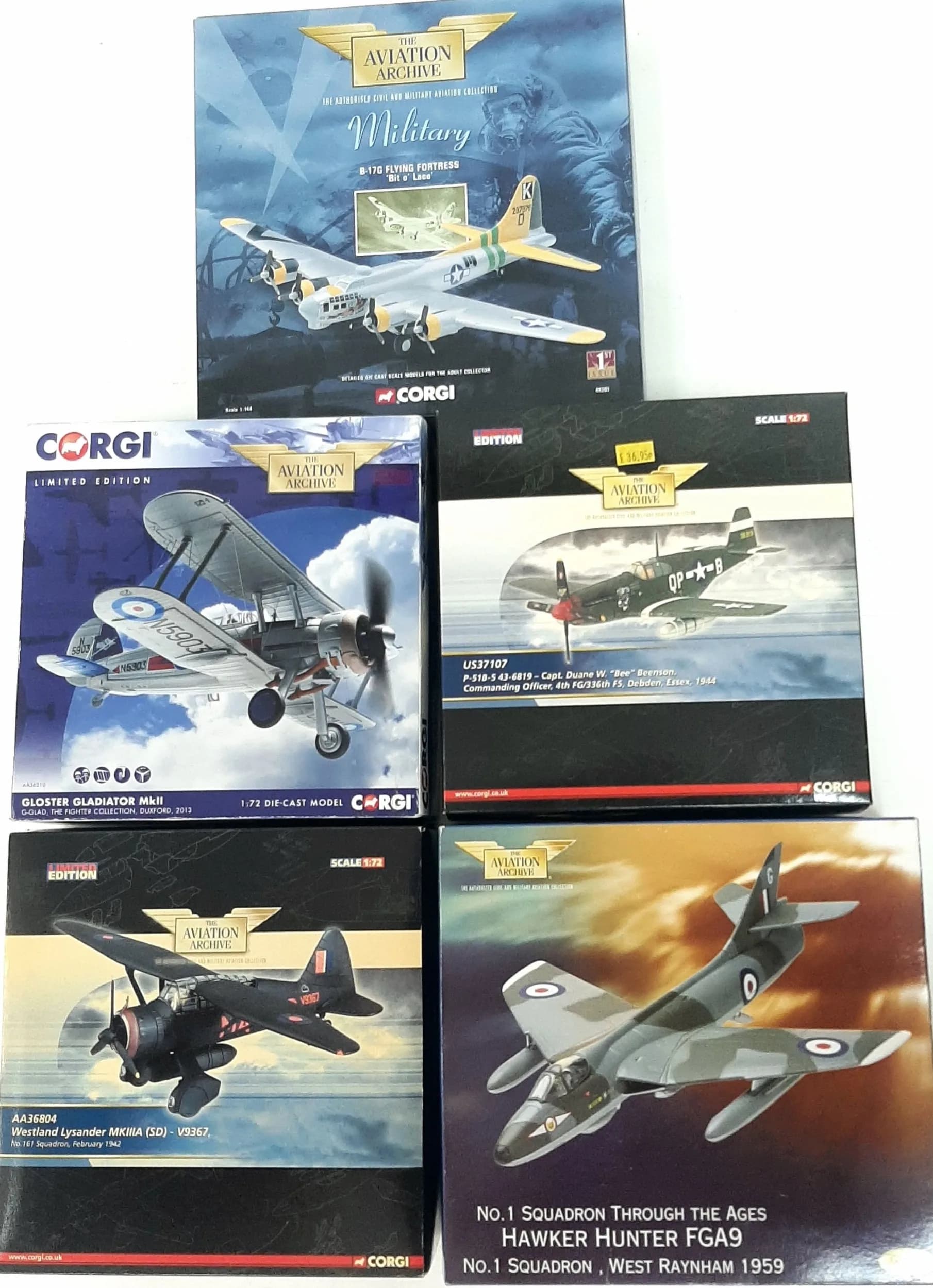 Five Corgi Aviation Archive die cast aeroplanes. 1/71 & 1/144 scale. To include a Gloster Gladiator MKII, a P-51B, a Westland Lysander MKIIIA, a B-17G Flying Fortress & a Hawker Hunter FGA9. These have never been out of box on display. Good condition, slight wear to boxes from storage.