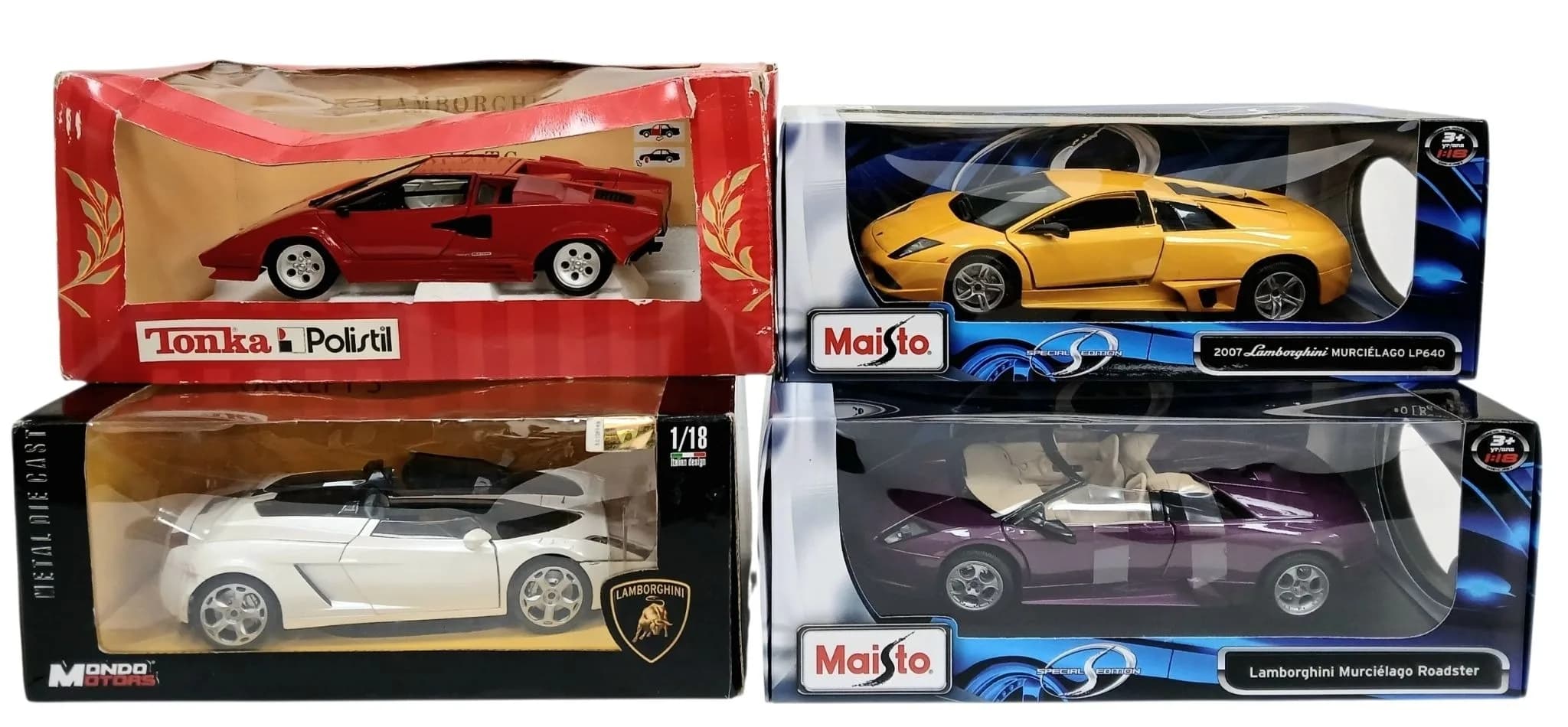 Four 1/18th scale die cast Lamborghini cars by Maitso, Tonka & Mondo motors. In good condition. Some wear to the Tonka box from storage.