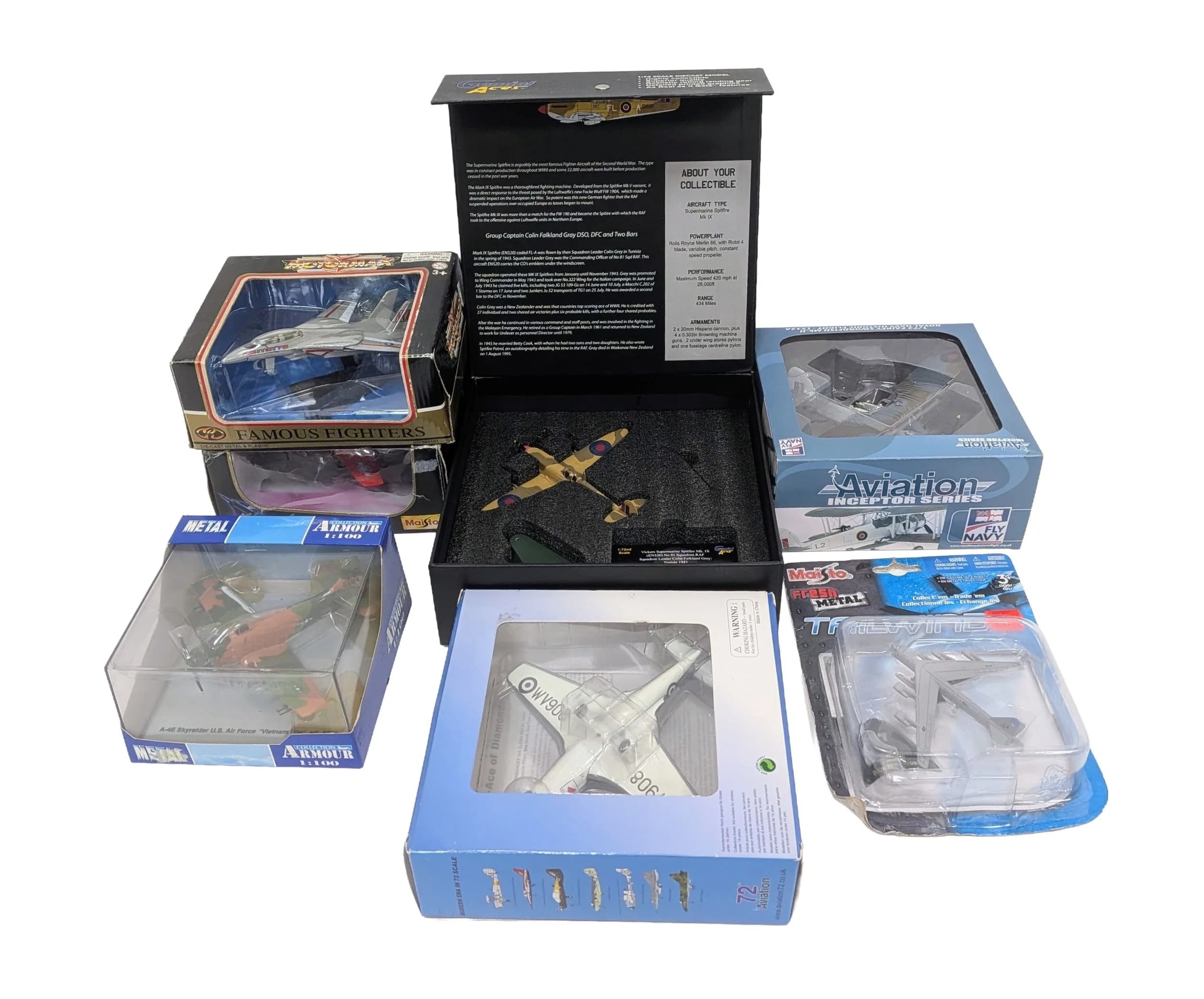 Seven die cast aeroplane models. Various makes and scales. These have never been out of their boxes on display. Good condition although some of the boxes have slight wear from storage.