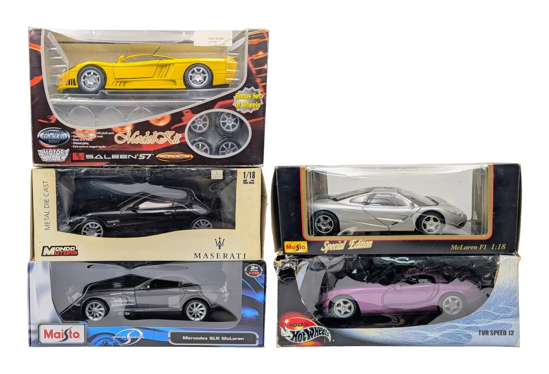 Five 1/18th scale die cast cars by Hotwheels, Maitso & Max motors. Good condition but the boxes have some wear from storage.