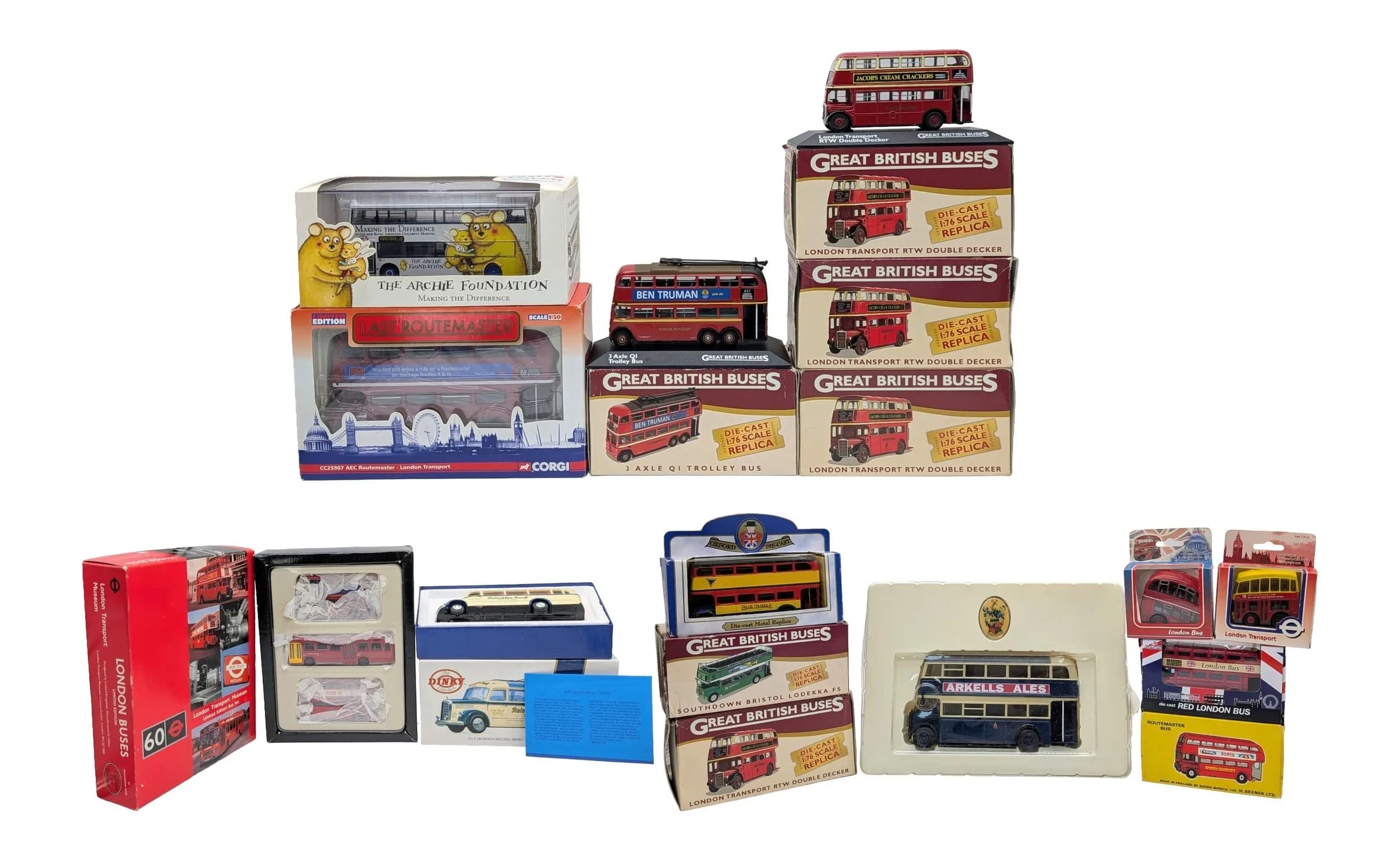 Sixteen die cast busses. 1/50 scale. Good condition although the boxes have slight wear from storage.