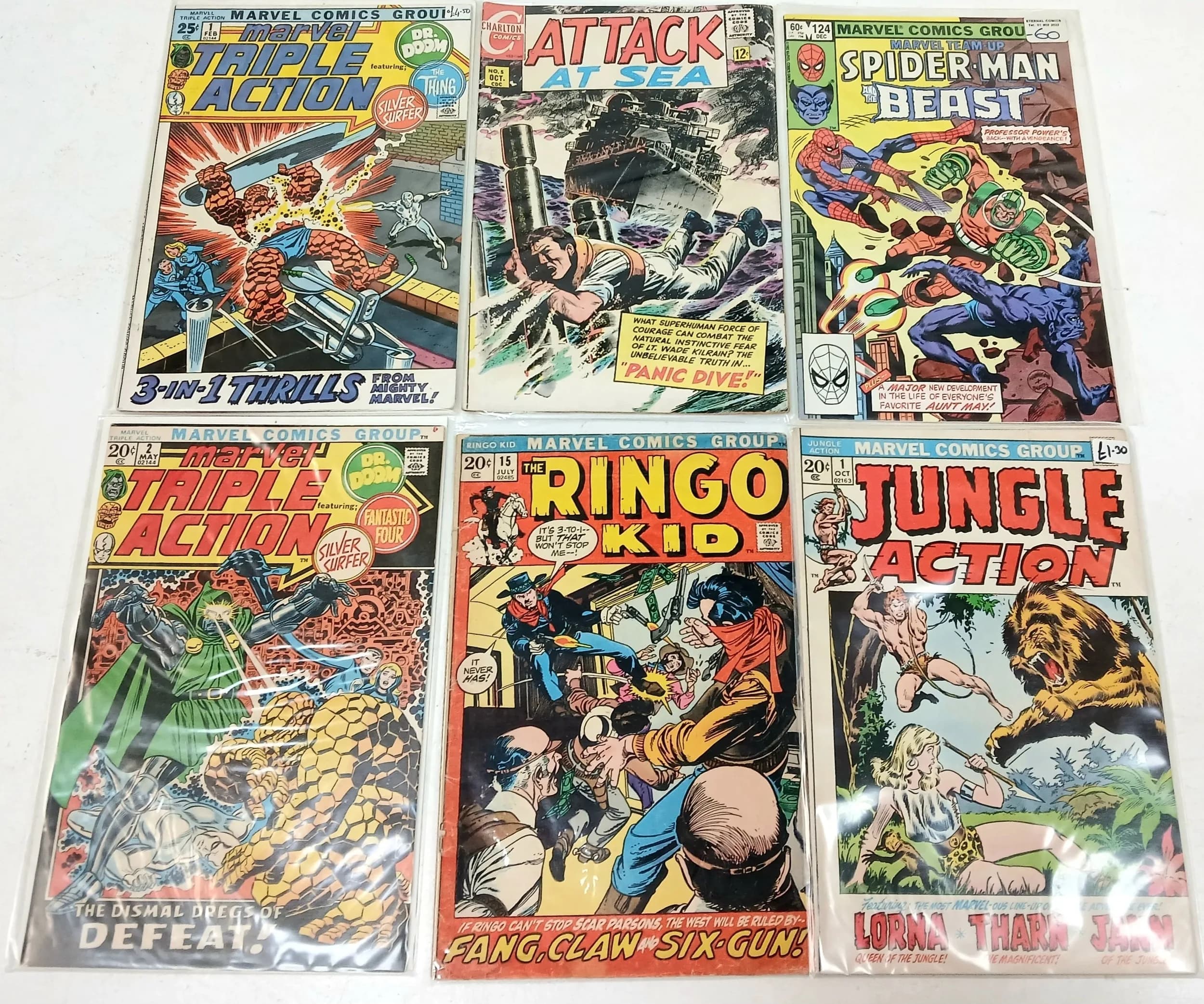 Six Rare Vintage Marvel Comics. All plastic wrapped. Please refer to photos for finer details.