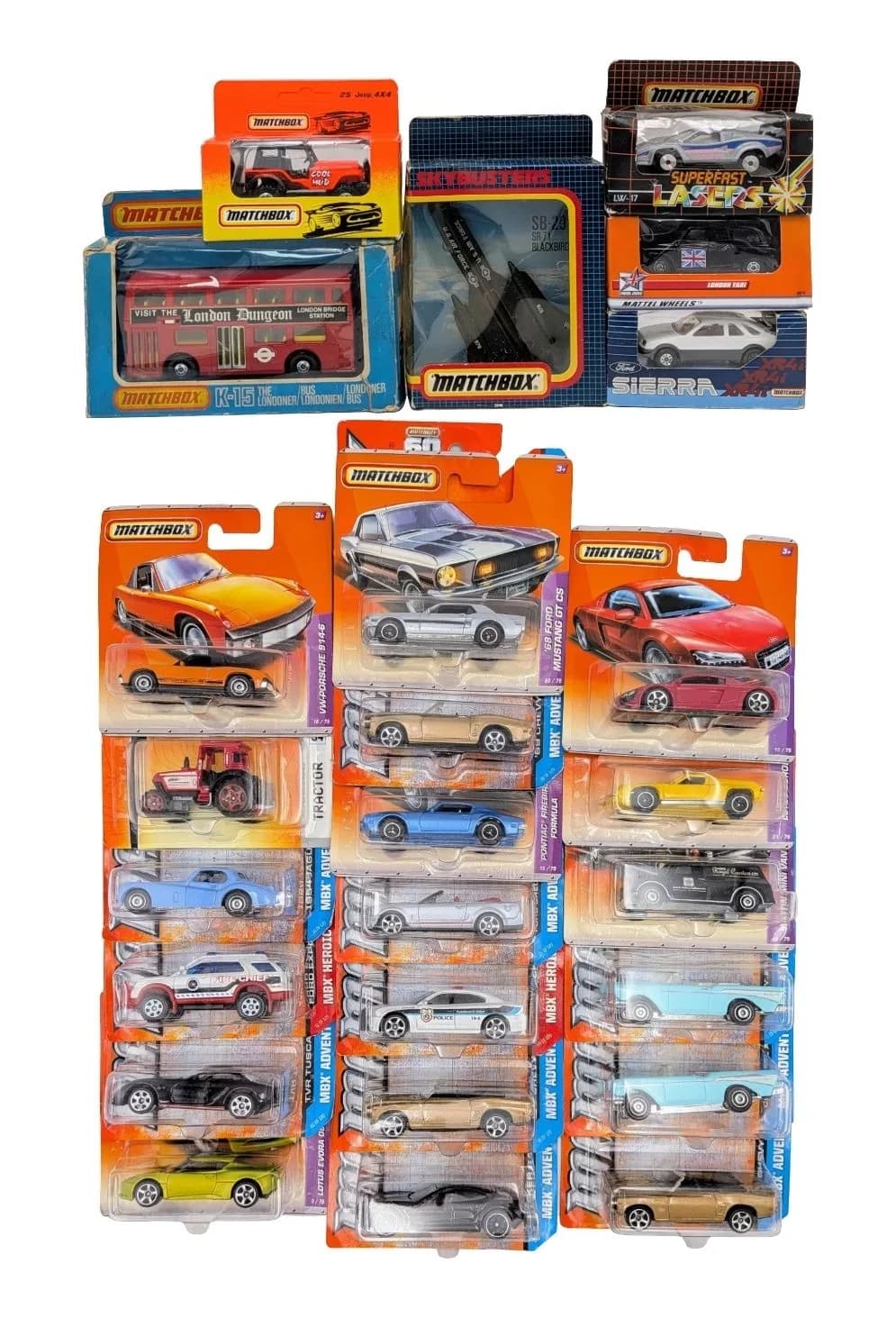 A collection of 25 Matchbox cars. All still in original packaging. Including 4 vintage models in their boxes. Good condition.