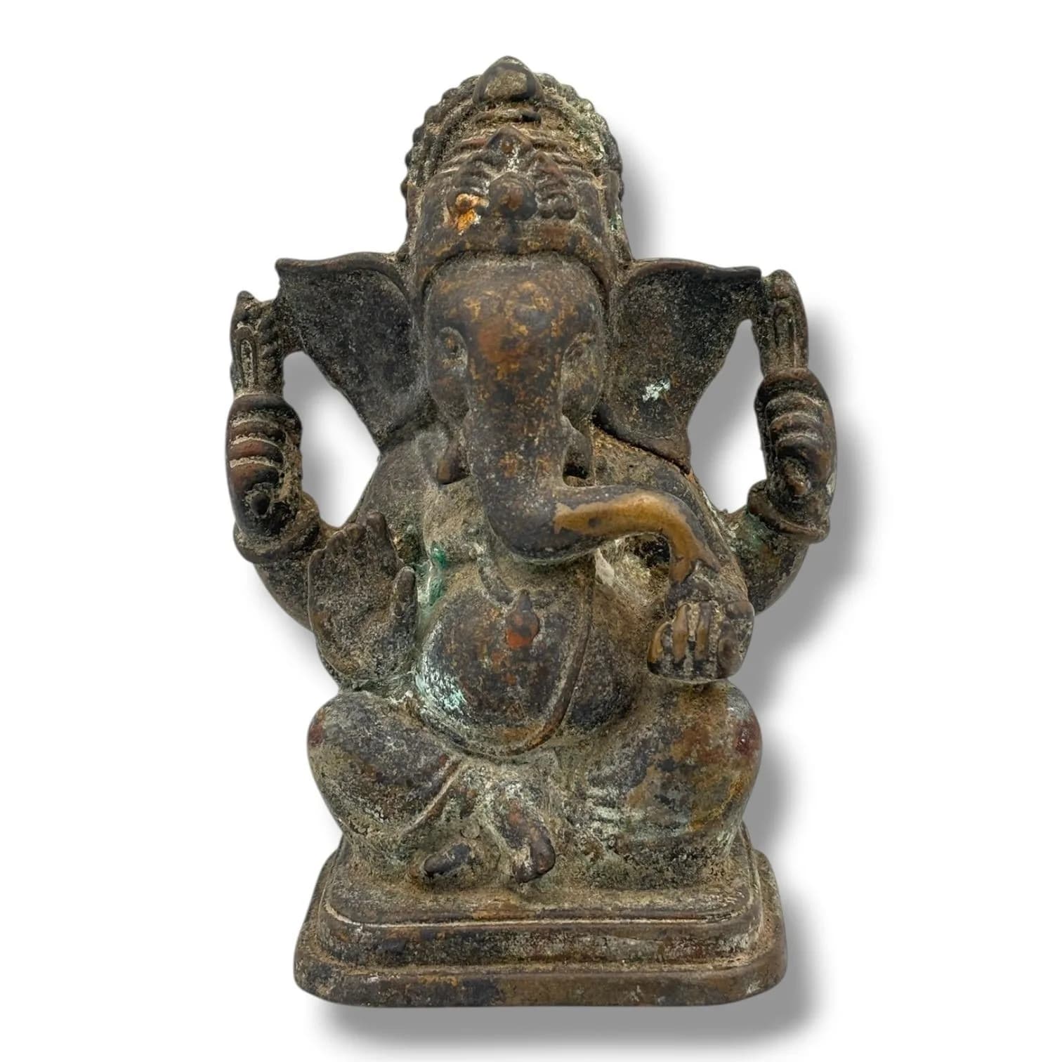 An antique Asian Patinated Bronze Seated Ganesha Figure. Cast bronze figure depicting the four-armed Hindu deity seated on a stepped rectangular base. Extensive surface wear, oxidation, verdigris, rubbing and age-related patination. Approx 12.5cm height x 9cm width. Please see photos or request a condition report.This item is held at Cadmore ASIAN Office in Vietnam and will be shipped from there. Buyers will be responsible for direct shipping payments. Delivery will take slightly longer.