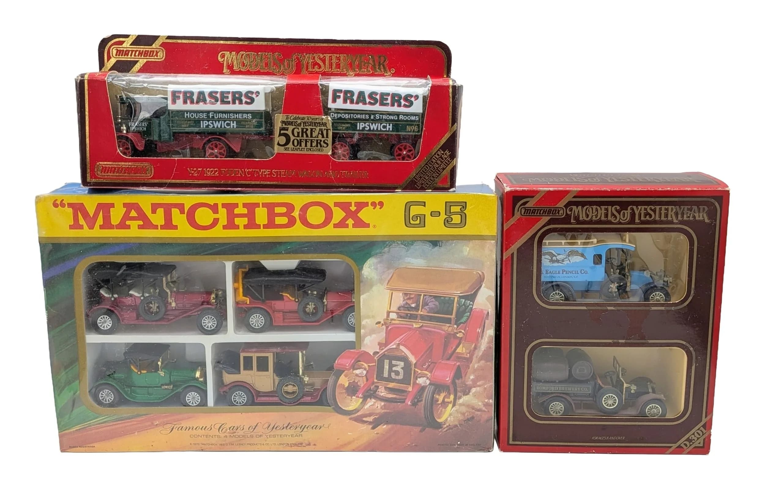 Five vintage Matchbox models of yesteryear gift sets. Good condition other than slight wear to boxes from storage.