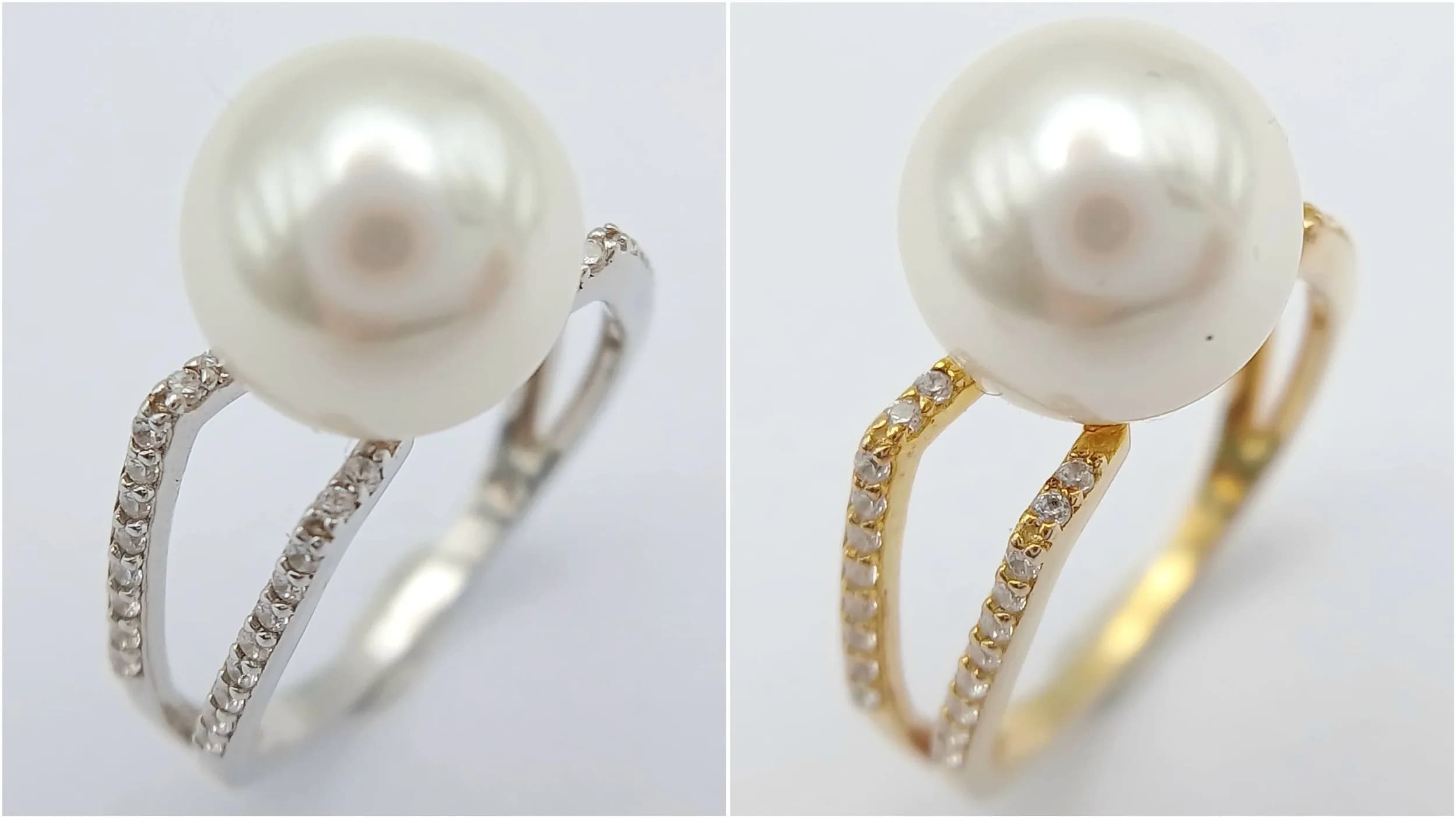Two Size K Sterling Silver and Pearl Rings. One Sterling Silver and One Gold Gilded Sterling Silver. Square Shoulder, Open Work Design and set with 1cm Pearls. Both appear unworn.