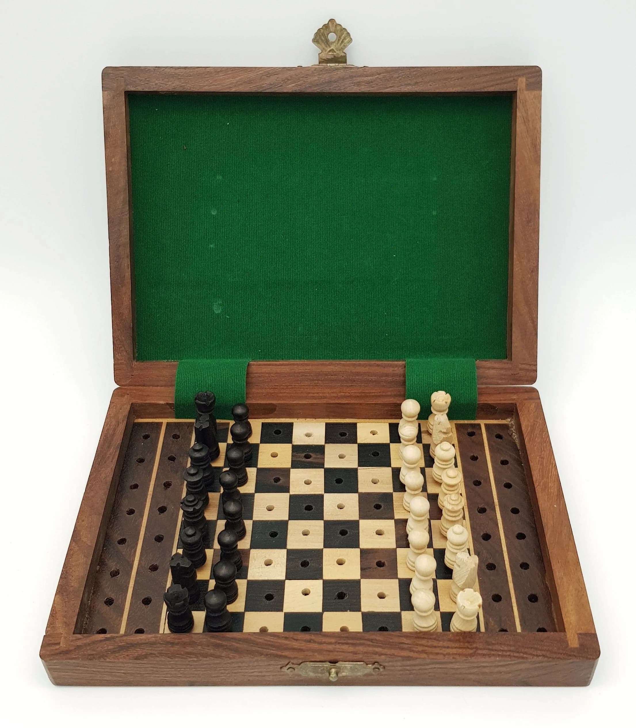A Travel Size Chess Set. Plug in pieces. Approximately 18mm tallest piece, 17cm length x 12.5cm width case when closed. Comes with box.