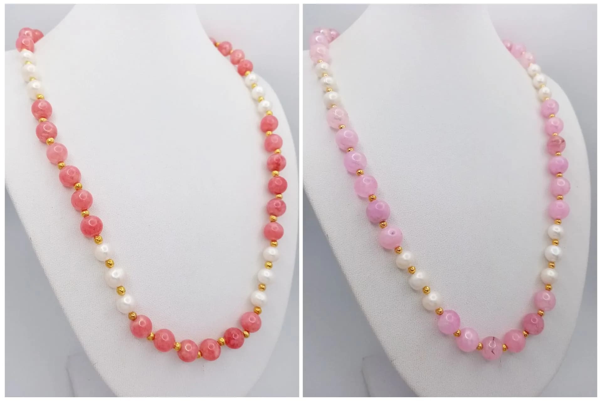 A Pink Jade and Freshwater Pearl Necklace PLUS a Rose Jade and Freshwater Pearl Necklace. 8mm jade. 6mm pearls. Both 44cm in length.