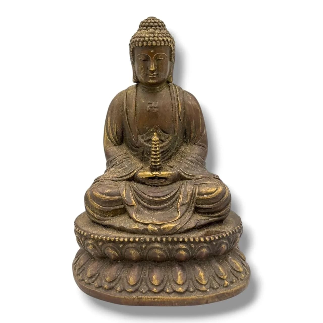 An antique Asian Bronze Figure of Amitābha Buddha. Seated in dhyāna (meditation) upon a finely cast double-lotus throne, the Buddha is shown holding a small pagoda in both hands, symbolising devotion and enlightenment. The figure is rendered with tightly curled hair, elongated earlobes, and flowing robes with deeply carved folds, all displaying careful craftsmanship. Height 14.5 cm; width 9 cm. Please see photos or request a condition report.This item is held at Cadmore ASIAN Office in Vietnam and will be shipped from there. Buyers will be responsible for direct shipping payments. Delivery will take slightly longer.