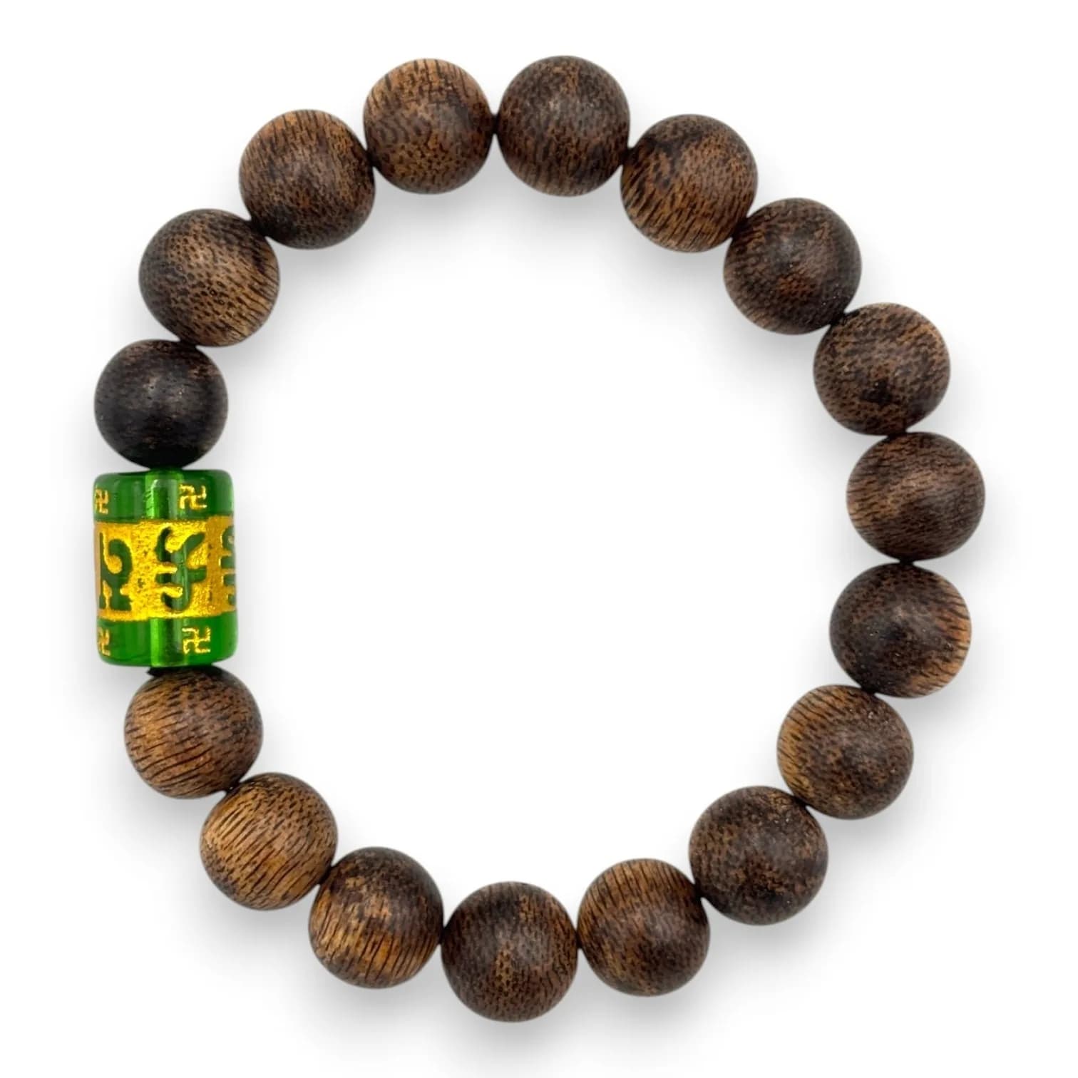 A natural Agarwood Beaded praying Bracelet with Green and Gold-Toned Accent mantra Bead.The natural agarwood fragrance is well known for its purposes in relaxation and meditation.Good condition with minor surface wear and natural variations to the agarwood. Approximately 18cm inner circumference, beads 1cm diameter. Please see photos or request a condition report.This item is held at Cadmore ASIAN Office in Vietnam and will be shipped from there. Buyers will be responsible for direct shipping payments. Delivery will take slightly longer.