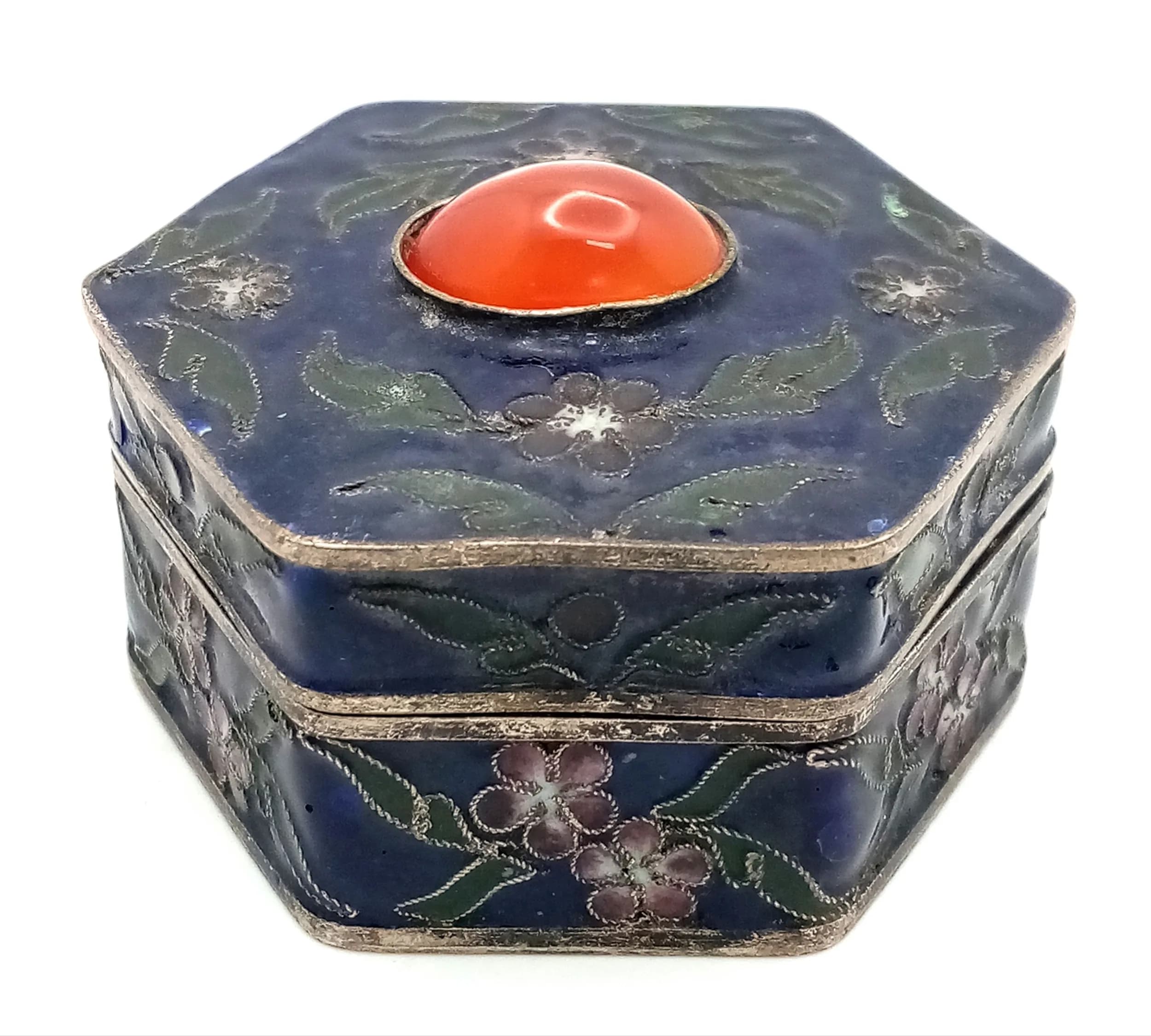 A Vintage White Metal and Enamel Hexagonal Trinket Box