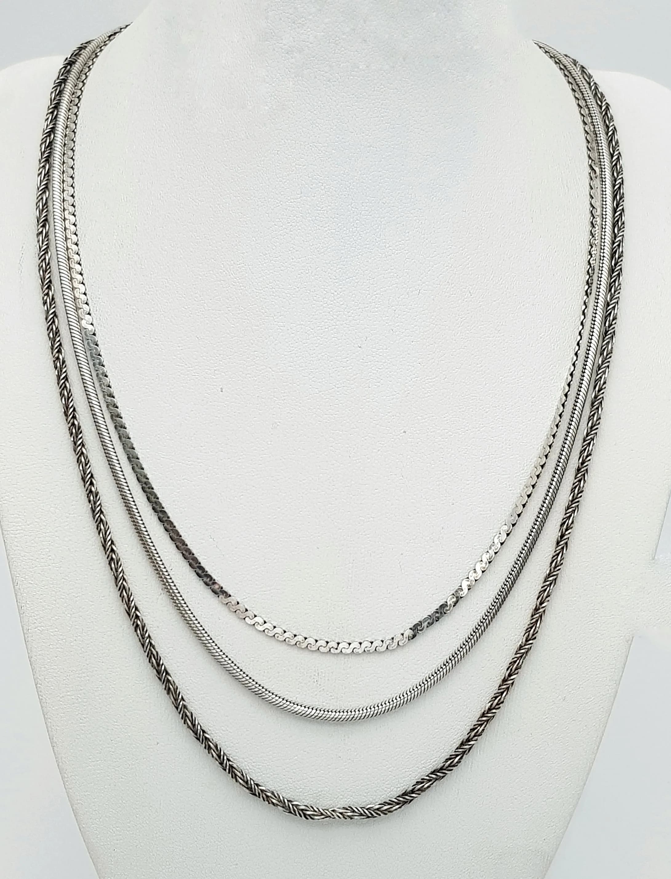 Three Different Style Sterling Silver Chains. 2 x 45cm, 1 x 60cm. 37g total weight.