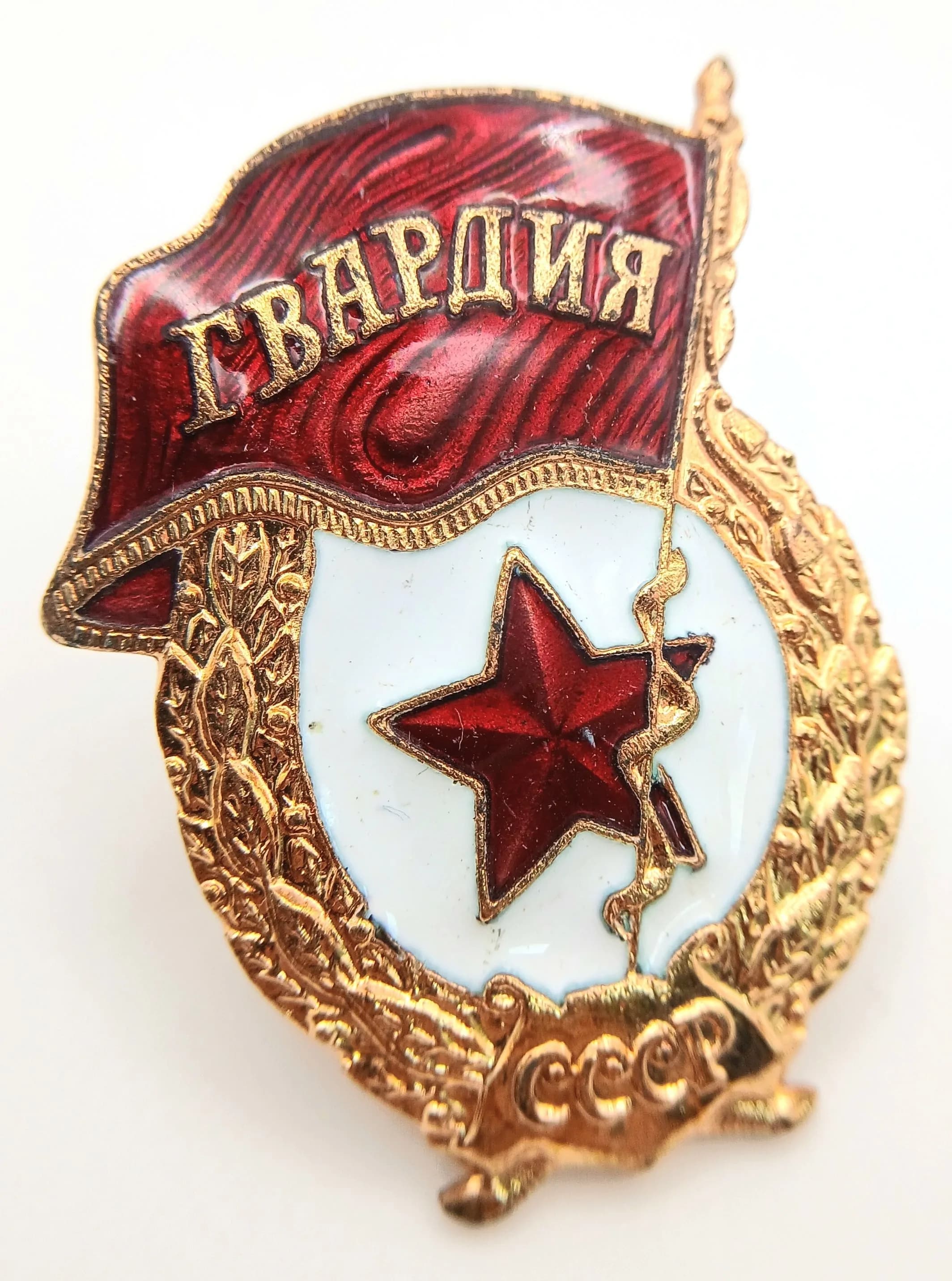 A Soviet Red Guard Badge. Brass screw-back badge with red and white hot-enamel decoration and gilt wreath surround. Circa 1980s. Comes with box.