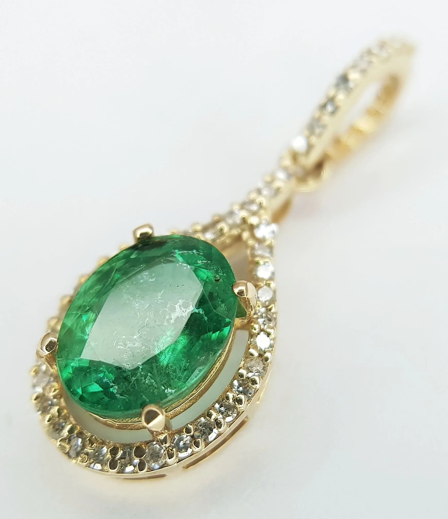 A 14K Yellow Gold Natural Emerald and Diamond Pendant