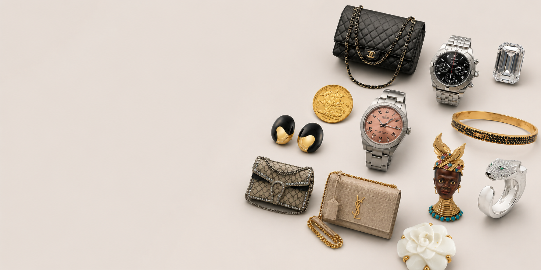 A selection of jewellery, watches, designer bags and fine collectables